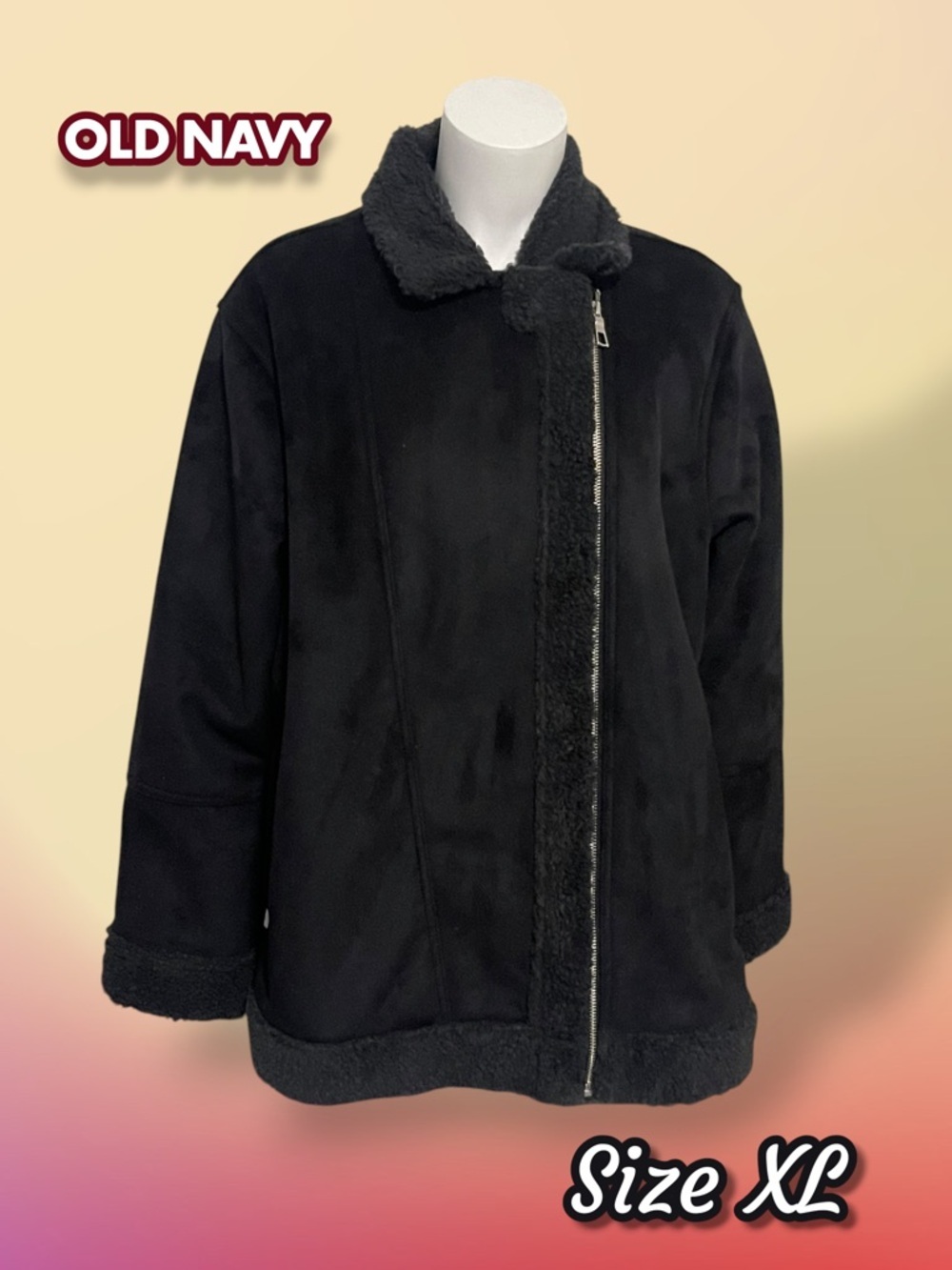 Old Navy Women's Black Faux Shearling Zip Moto Jacket Size XL